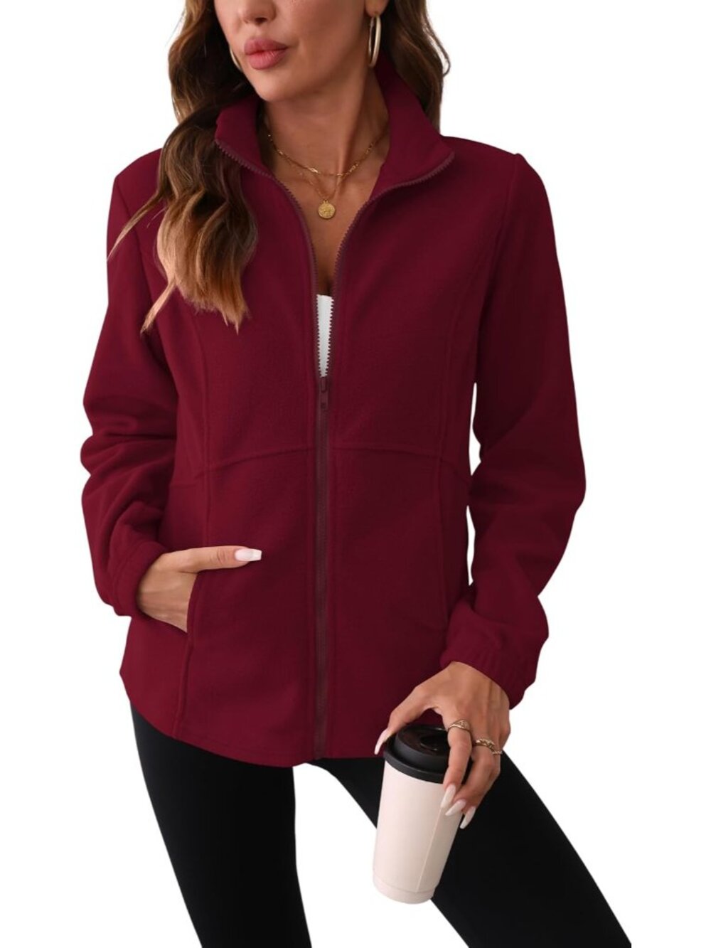 Women Wine Red Fleece Stand Collar Elastic Cuff Long Sleeve Zip Winter Jacket